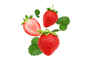 Strawberries and sliced strawberry flying in the air on transparent background