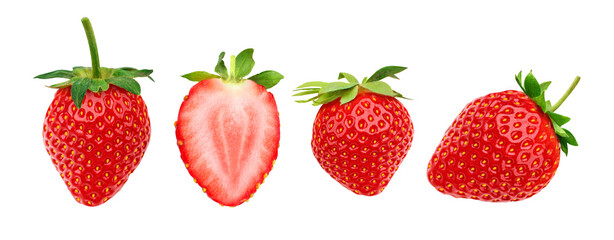 Full and cut fresh strawberry on transparent background