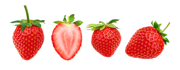 Full and cut fresh strawberry on transparent background