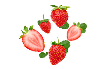 Strawberries and sliced strawberry flying in the air on transparent background