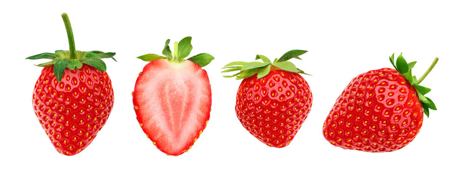 Full and cut fresh strawberry on transparent background