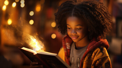 Student little girl reading with a book indoors with lights on background