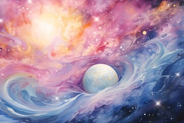 Obraz na płótnie Canvas AI generated illustration of a vibrant painting of a view of outer space with a planet