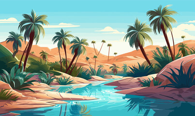 desert oasis with palm trees vector simple 3d isolated illustration - obrazy, fototapety, plakaty