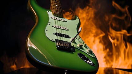 AI generated illustration of a green electric guitar against a dark background with flames over it - obrazy, fototapety, plakaty