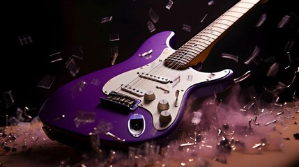AI-generated illustration of a purple electric guitar against a dark background - obrazy, fototapety, plakaty
