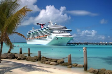 Large cruise ship docked in a tropical island