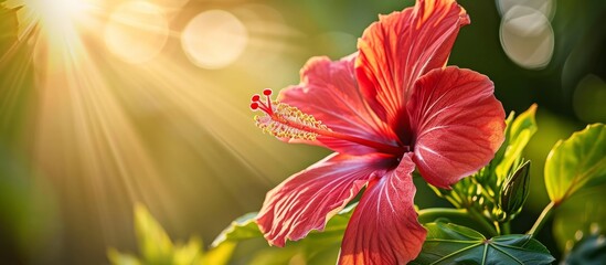 A macro photograph showcasing the beauty of a Chinese hibiscus flower, with vibrant red petals and the sun shining through it.