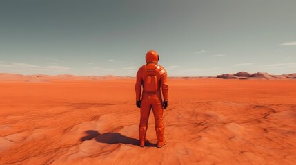 Fototapeta na wymiar AI generated illustration of an astronaut in an orange spacesuit on a red planet