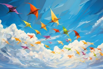 AI generated illustration of an artwork depicting a mesmerizing scene of vibrant origami creations