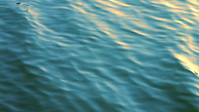 Beautiful reflection golden sun light on blue water, rippled waves, calm natural crystal clean water, fresh, effect, scene, sea, wet, wavy, pool, sunset, shine, slow motion, close up, hd. ProRes 422HQ