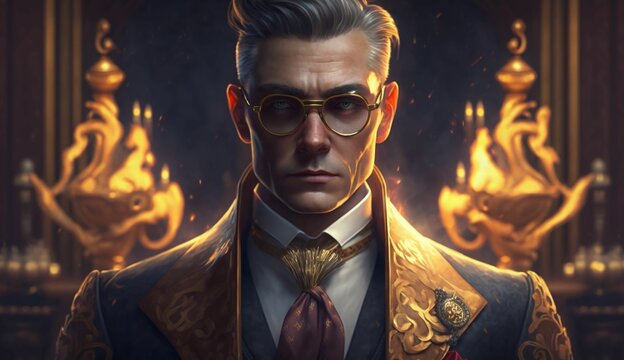 A gangster in a golden suit and glasses looks straight ahead with an intimidating look.