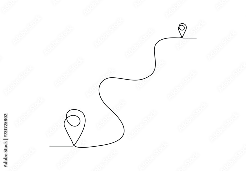Poster continuous single line drawing of location markers icon. pin between two points in one line style ve