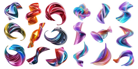 Set of fractal twisted glossy shapes, isolated on transparent background.