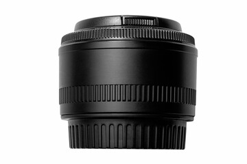 Closeup of a professional camera lens isolated on a white background