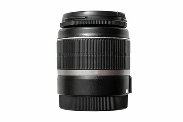 Closeup of a professional camera lens isolated on a white background