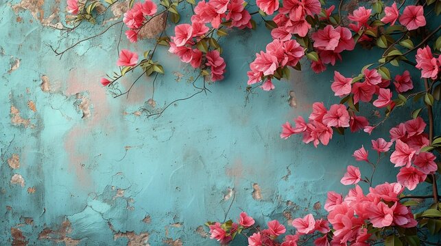 Pink flowers on the branches on a vintage wall background