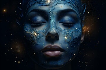 AI-generated illustration of a woman's face painted in deep blue shades with a cosmic atmosphere