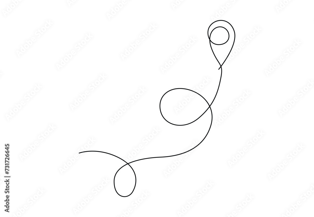 Poster continuous single line drawing of path with map location pointers. one line route or way with map pi