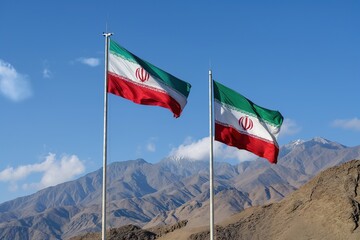 Two iranian flags fly side by side against the backdrop of majestic mountains.
