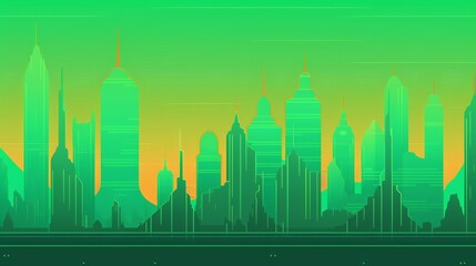 AI generated illustration of a metropolitan cityscape background in a vibrant green and yellow hue
