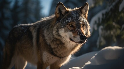 AI generated illustration of a majestic gray wolf walking through a snow-covered forest