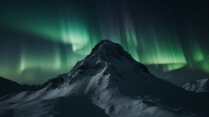 AI generated illustration of an aurora lighting up the night sky over snow-capped mountain