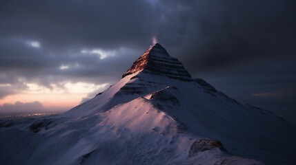 AI generated illustration of a snow-covered mountain, illuminated by a fading twilight sky