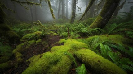 AI generated illustration of a beautiful bright green lush mossy forest floor