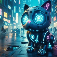 Fototapeta premium Robotic cat in futuristic city