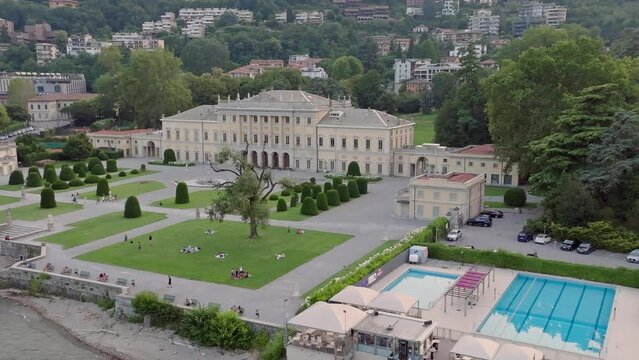 Aerial view over the Villa Olmo building by a pond in Como, Italy