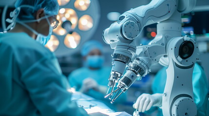 robotic arm performing surgery with a surgeon's assistance, illustrating cutting-edge medical technology. The scene is set in an operating room with bright surgical lights above.
 - obrazy, fototapety, plakaty
