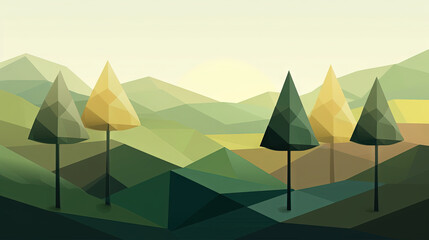 AI generated illustration of a scenic landscape featuring low poly green trees near the mountains