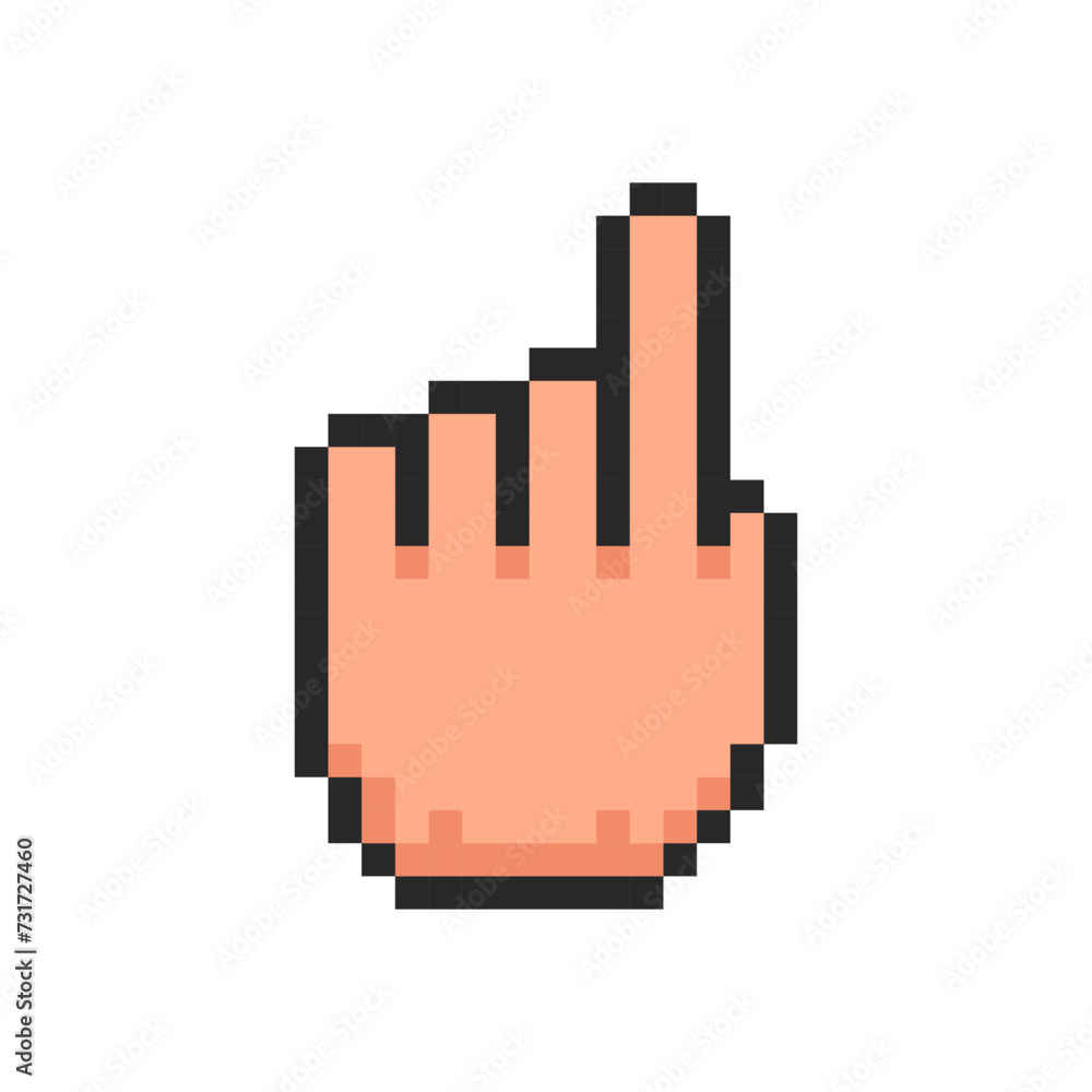 Poster pixel hand, hand gesture in the form index finger up symbol.