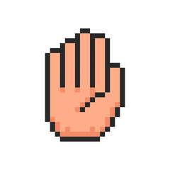 Pixel hand, hand gesture in the form open palm. Outstretched palm in front stop symbol.