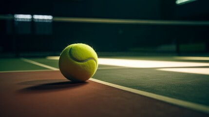 AI generated illustration of a tennis ball on the surface of a professional tennis court