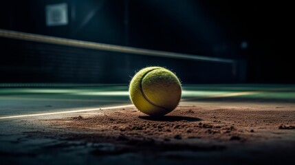 AI generated illustration of a tennis ball on the surface of a professional tennis court