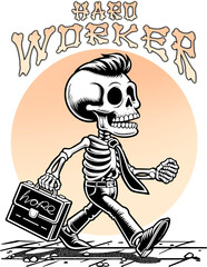 Hard Worker Walking Skeleton Illustration for T-shirt and Products Print. - 731727497