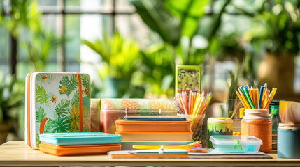eco-friendly school supplies, including recycled notebooks adorned with nature-inspired designs, biodegradable pens sustainable materials, vibrant and eco-conscious designs
