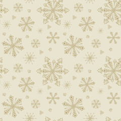 Simple seamless pattern of   gold snowflakes on a beige background. New Year's festive theme. Vector design for winter decor, print, wallpaper, packaging, web design, textiles, covers, invitations