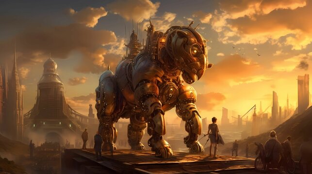 AI generated image of people standing in front of steampunk horse
