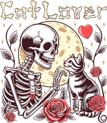 Cat Lover Skeleton Illustration with Moon, Heart, Red Roses and Leaves for T-shirt and Other Product Print on White Background.
