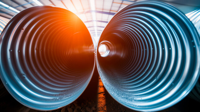 Corrugated black plastic pipes stacked, industrial PVC tubing, macro perspective with shallow field of view.