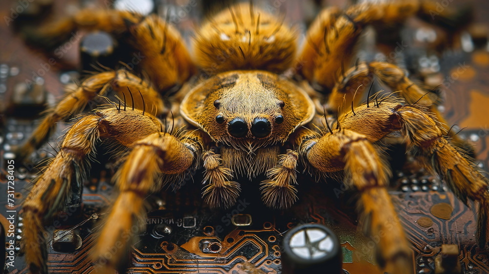 Poster a macro shot of a spider on an electronic circuit board, highlighting the minute details and texture