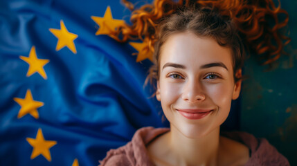 Young woman with the EU flag in the background. Concept of Schengen via and studying in the European Union. - obrazy, fototapety, plakaty
