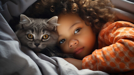 Small child lies on a bed with a cat. Kitten and baby childhood friendship. Baby and cat. Child and Kitten lying together on the bed