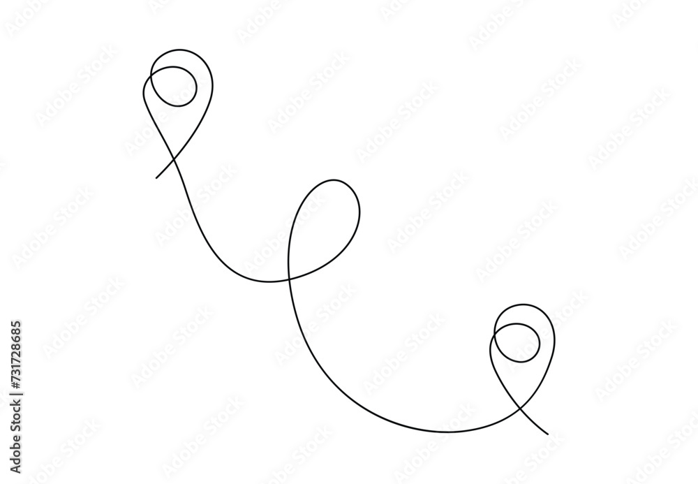 Poster one continuous line drawing of path and location pointers. simple pins on way between two points in 
