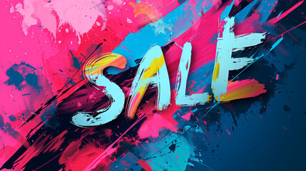 Colorful 'SALE' text on abstract splashed paint background, vibrant discount banner.