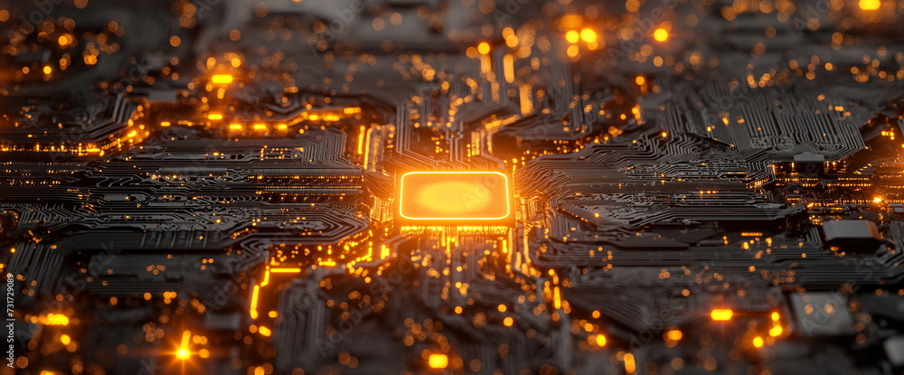 Poster illuminated circuit board with glowing central processor, symbolizing advanced technology