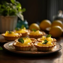 AI generated illustration of an array of delicious tartlets with ripe lemons - obrazy, fototapety, plakaty